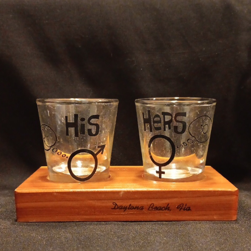 His and Hers Glass Set with Wooden Base